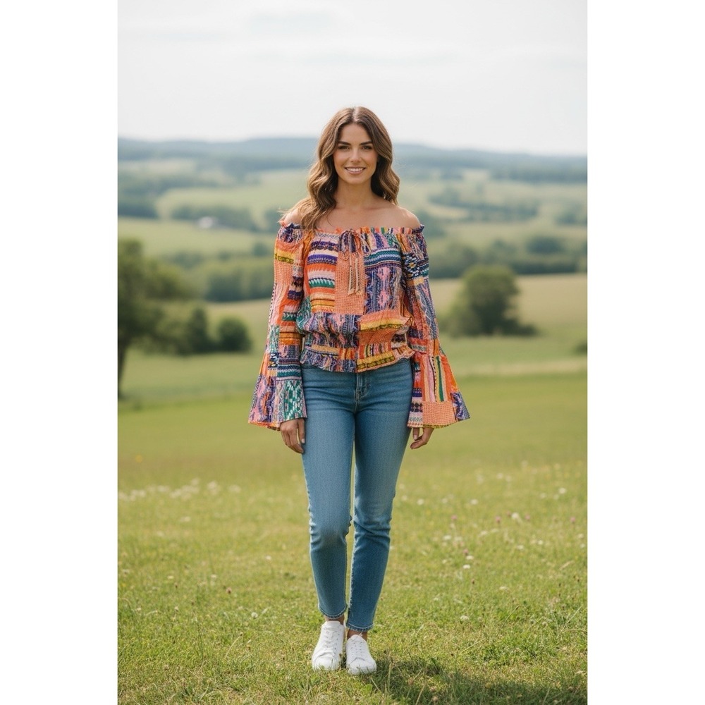 Savanna Jane Womens Multicolor Patchwork Off Shoulder Bell Sleeve Crop Top M